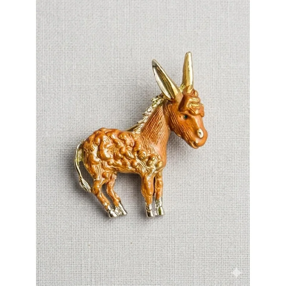 Vintage Donkey Brooch Gold Tone‎ Brown Enamel Animal Pin Mule Mascot Accessory